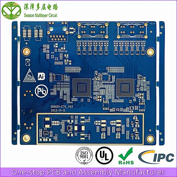 Top view of a custom multilayer PCB showing intricate trace routing