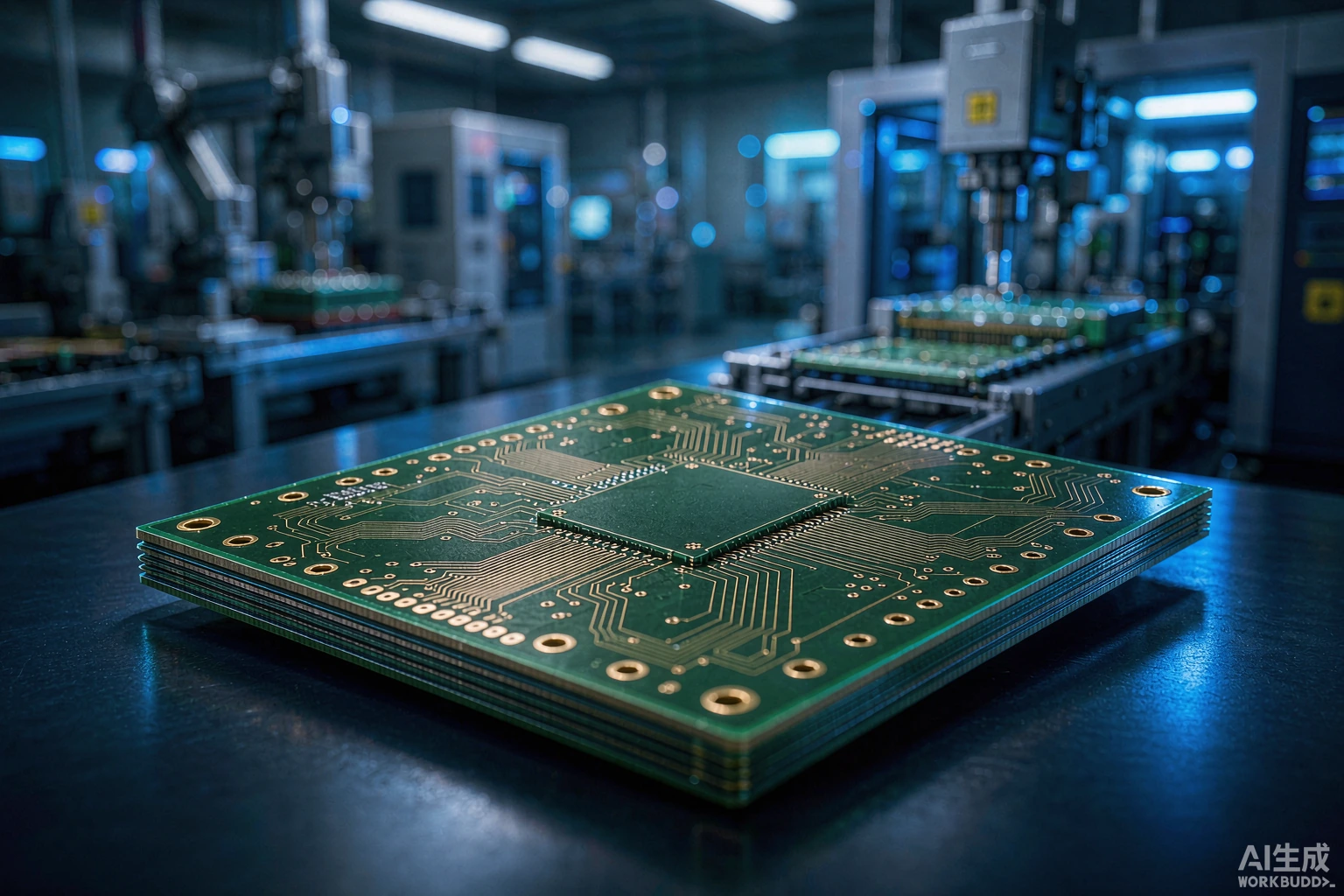 Close-up of a 12-layer HDI multilayer PCB with laser-drilled microvias and fine-line routing