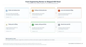 Six checkpoints from Gerber and stackup review to electrical test and AOI for an HDI panel, each producing a document a buyer can request