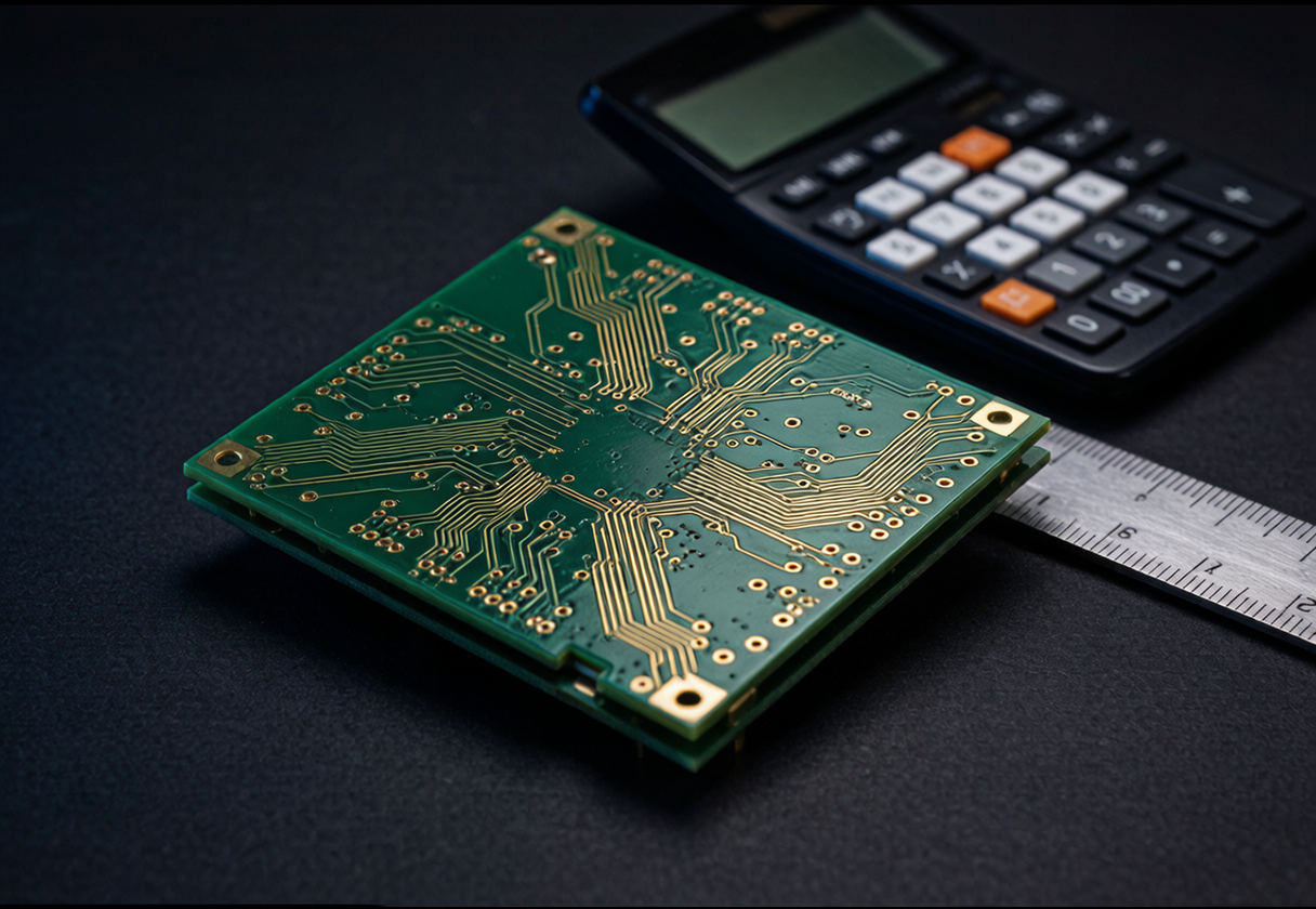 Multilayer PCB placed beside a calculator and a steel ruler, illustrating how per-area board pricing is measured