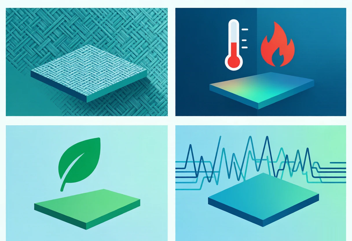 Four material classes compared: glass weave, heat resistance, halogen-free compliance and low-loss signaling
