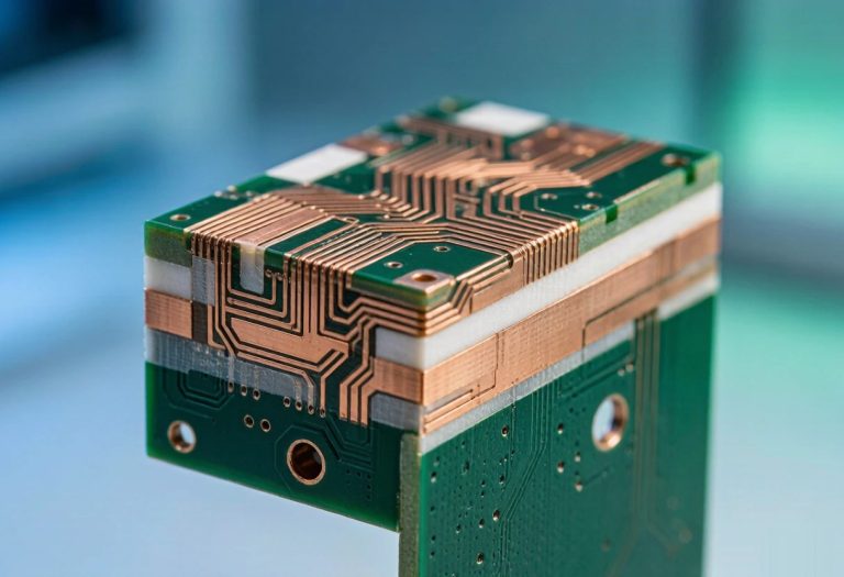 Layered PCB laminate construction showing copper foil, prepreg and core materials