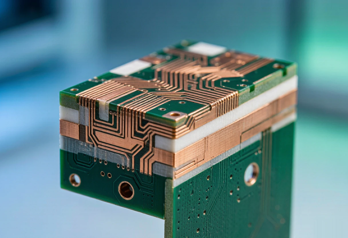 Layered PCB laminate construction showing copper foil, prepreg and core materials