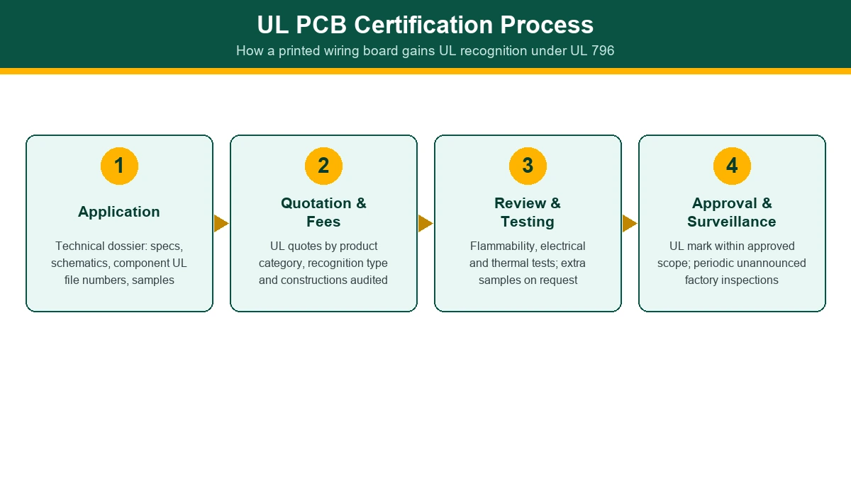 UL PCB certification process infographic - application, quotation, review and testing, approval and surveillance
