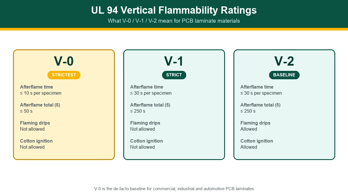 UL 94 V-0 V-1 V-2 flammability rating criteria chart for PCB laminate materials