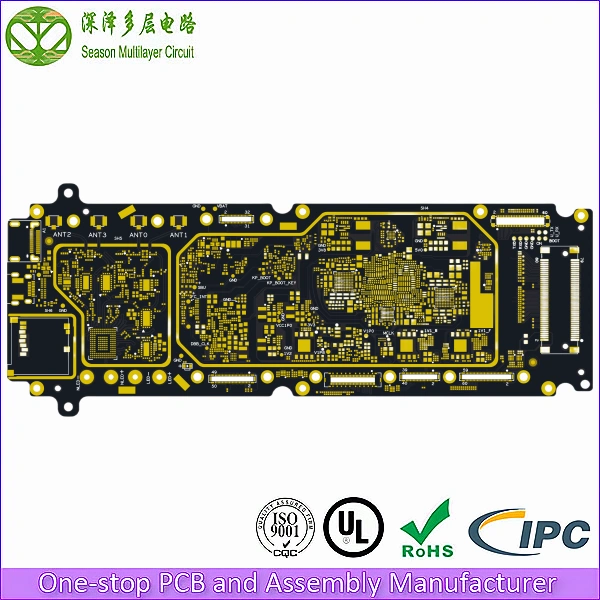 10-layer any-layer HDI communication PCB bottom view production board - ELIC build, antenna zones and edge connectors, immersion gold finish