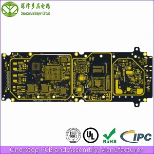 10-layer any-layer HDI communication PCB top view production board - ELIC build, black solder mask, immersion gold finish, dense BGA routing