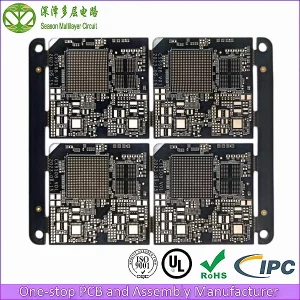Top view of a real 12-layer 2-stage HDI core board production panel: four units with 0.25 mm BGA pad fields on black solder mask