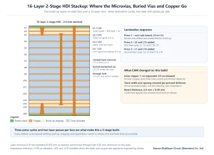 Cross-section of a 16-layer 2-stage HDI PCB stackup showing stacked laser microvias on both faces, buried vias inside the core and a through hole
