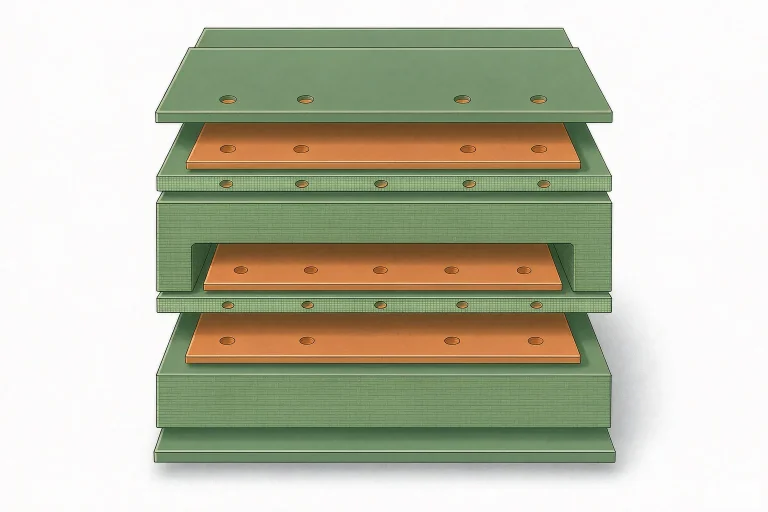 Exploded view of a 4-layer PCB stackup showing two outer signal layers and two internal plane layers