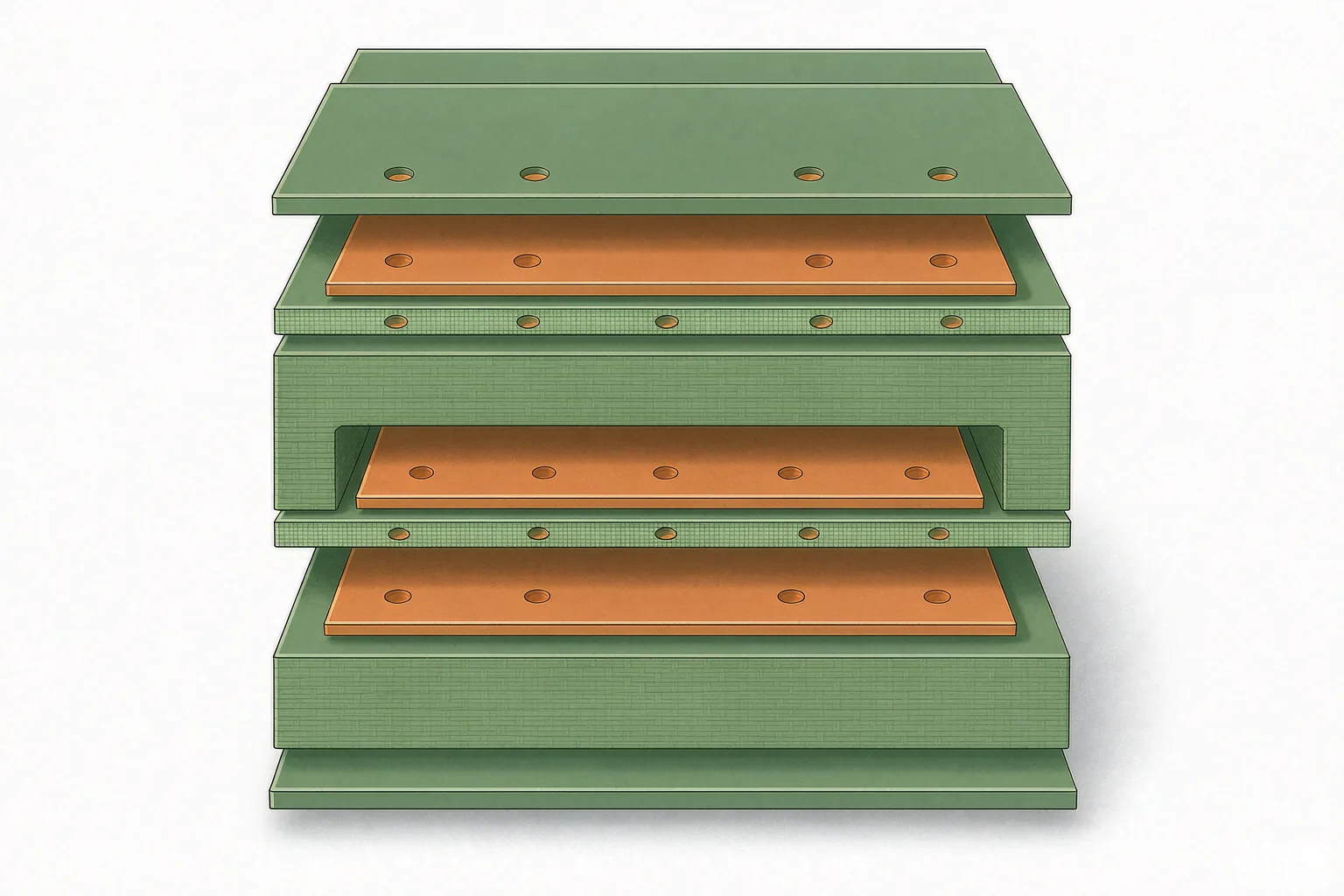 Exploded view of a 4-layer PCB stackup showing two outer signal layers and two internal plane layers