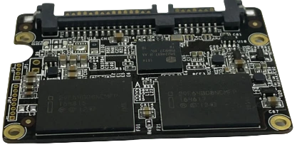 Assembled 4-layer SATA SSD PCB before final enclosure, showing controller and NAND packages
