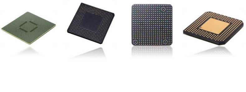 BGA package substrates seen at an angle showing solder ball arrays on the underside