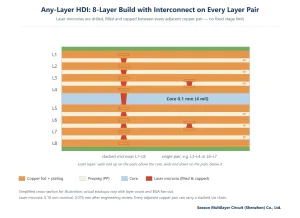 Eight-layer any-layer HDI stackup with stacked, filled and capped laser microvias on every adjacent layer pair — laser taper wide end up above the core and wide end down below it, 0.1 mm core with prepreg bonds
