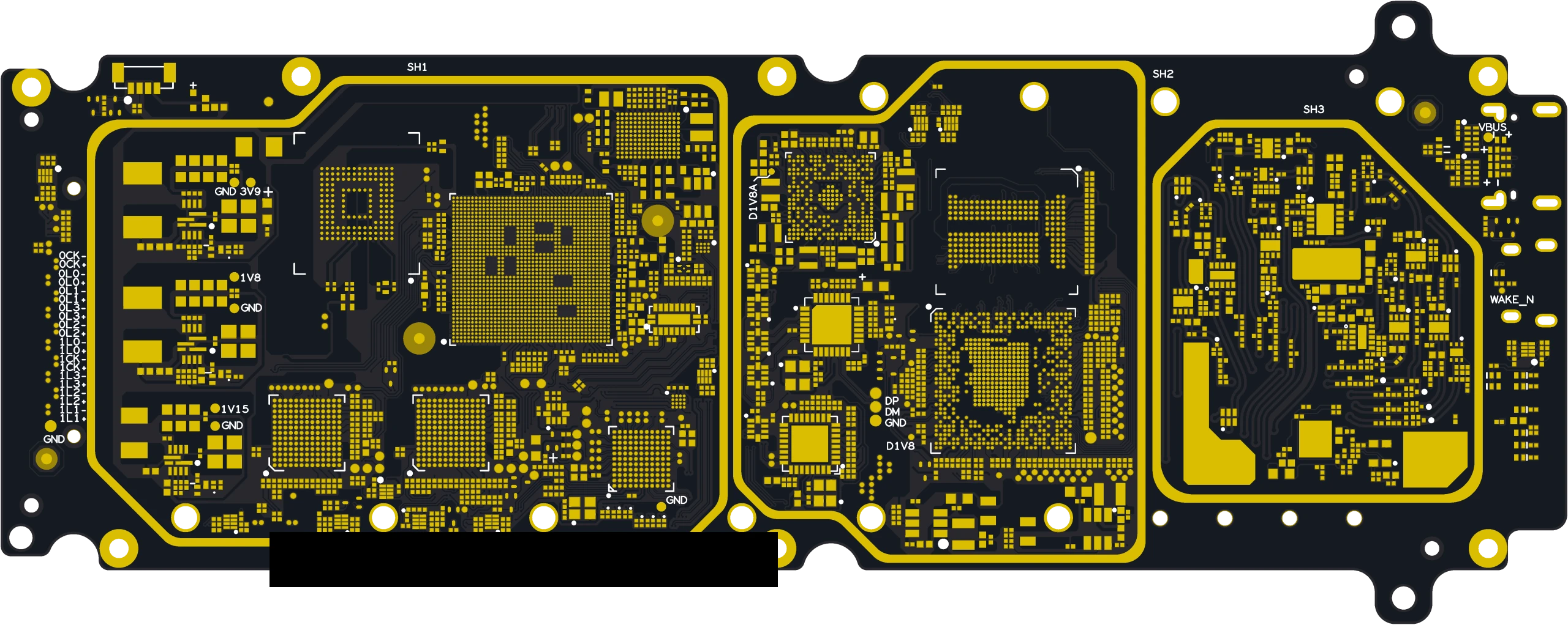 CAD layout view of a 10-layer any-layer HDI printed circuit board with dense BGA regions
