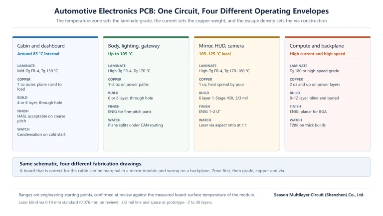 Four automotive electronics PCB operating envelopes showing how the temperature zone sets the laminate grade, copper weight and via construction