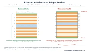 Balanced versus unbalanced 8-layer PCB stackup with mirrored copper weight and dielectric thickness around the symmetry axis