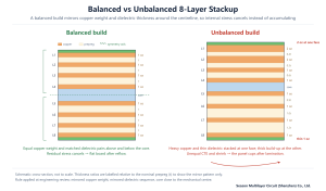 Side-by-side 8-layer stackups: a balanced build with mirrored copper weight and dielectric thickness, and an unbalanced build with heavy copper at one face