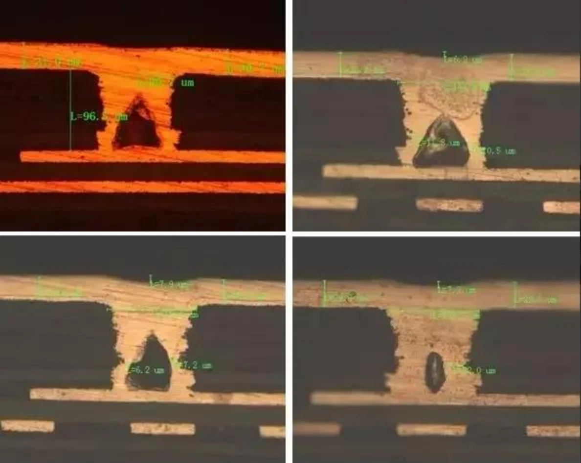 Four cross-section photos of blind vias showing copper filling voids of different shapes and positions