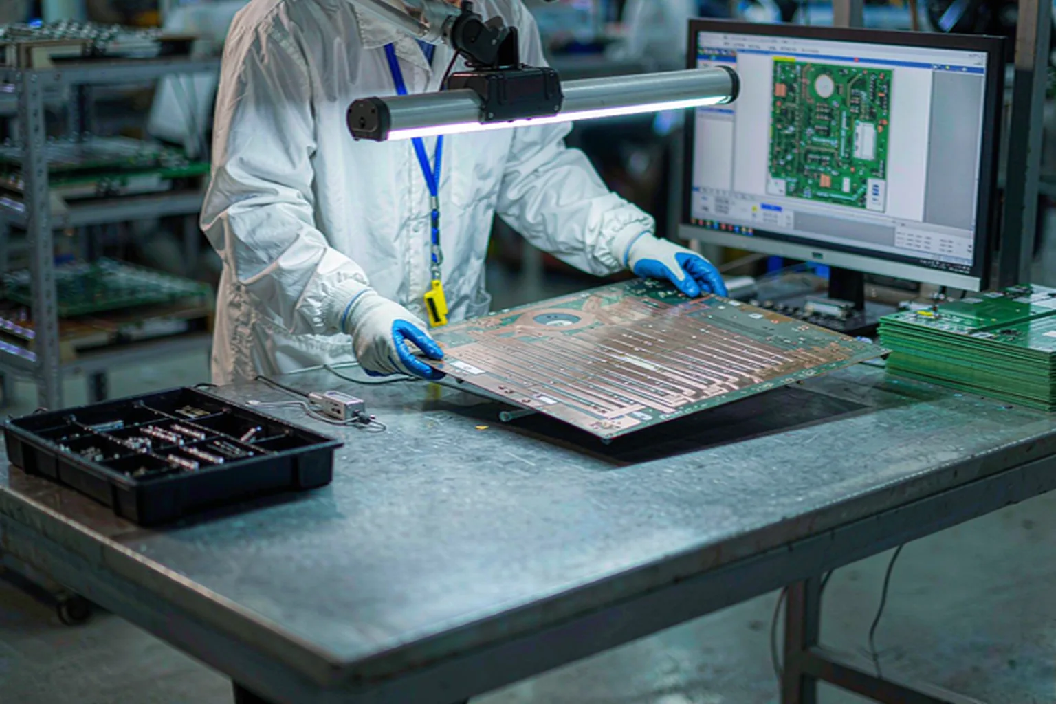 Engineer inspecting a heavy copper storage board under a lamp with AOI results on screen