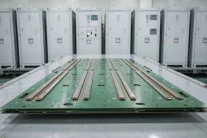 Large multilayer energy storage PCB panel on a production table in front of battery cabinets