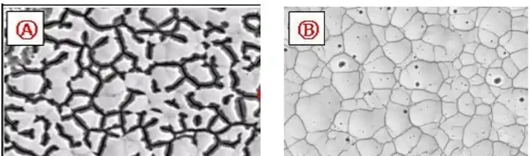 SEM micrograph comparison of corroded black pad nickel surface and healthy nickel grains