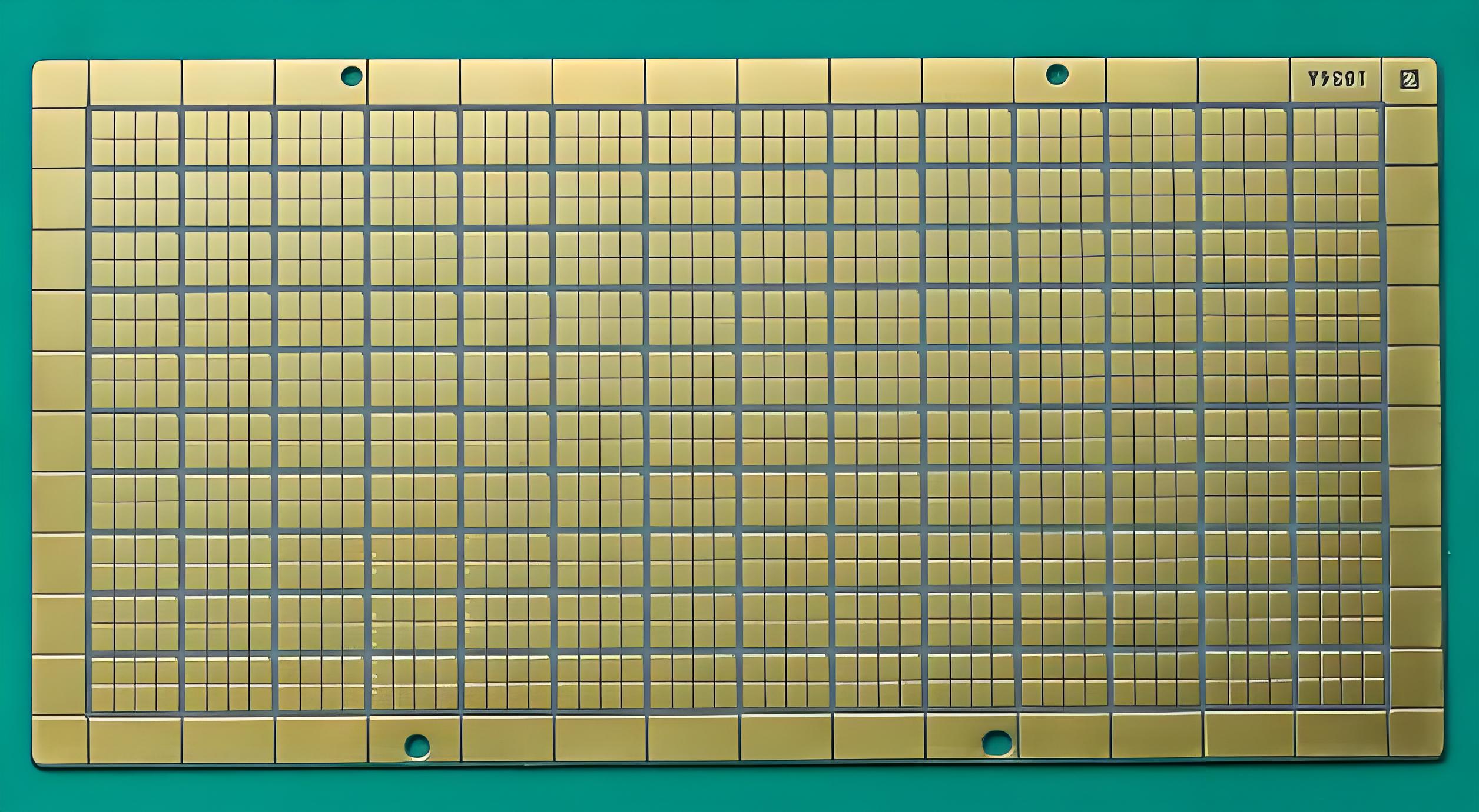 Gold-finished IC substrate panel carrying an array of individual package substrate units on a production tray