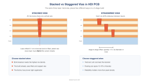 Cross-section comparison of stacked and staggered microvias on an HDI PCB
