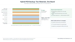 Cross section diagram of a hybrid PCB stackup with RF layers on a low-loss laminate bonded over FR-4 cores for digital and power layers