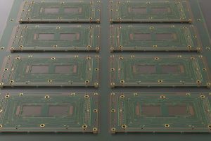 Multilayer PCB manufacturing panel with ENIG pads and dense traces before routing