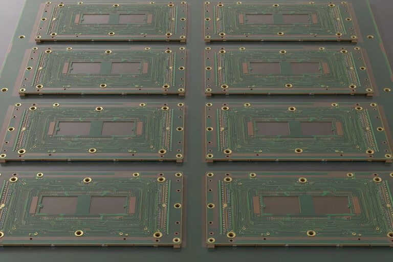 Multilayer PCB manufacturing panel with ENIG pads and dense traces before routing
