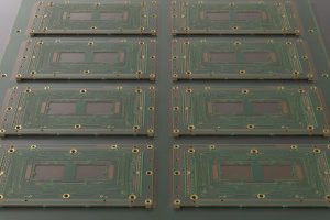 Multilayer PCB manufacturing panel with ENIG pads and dense traces before routing