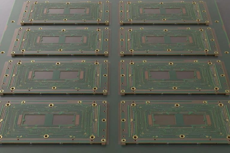 Multilayer PCB manufacturing panel with ENIG pads and dense traces before routing