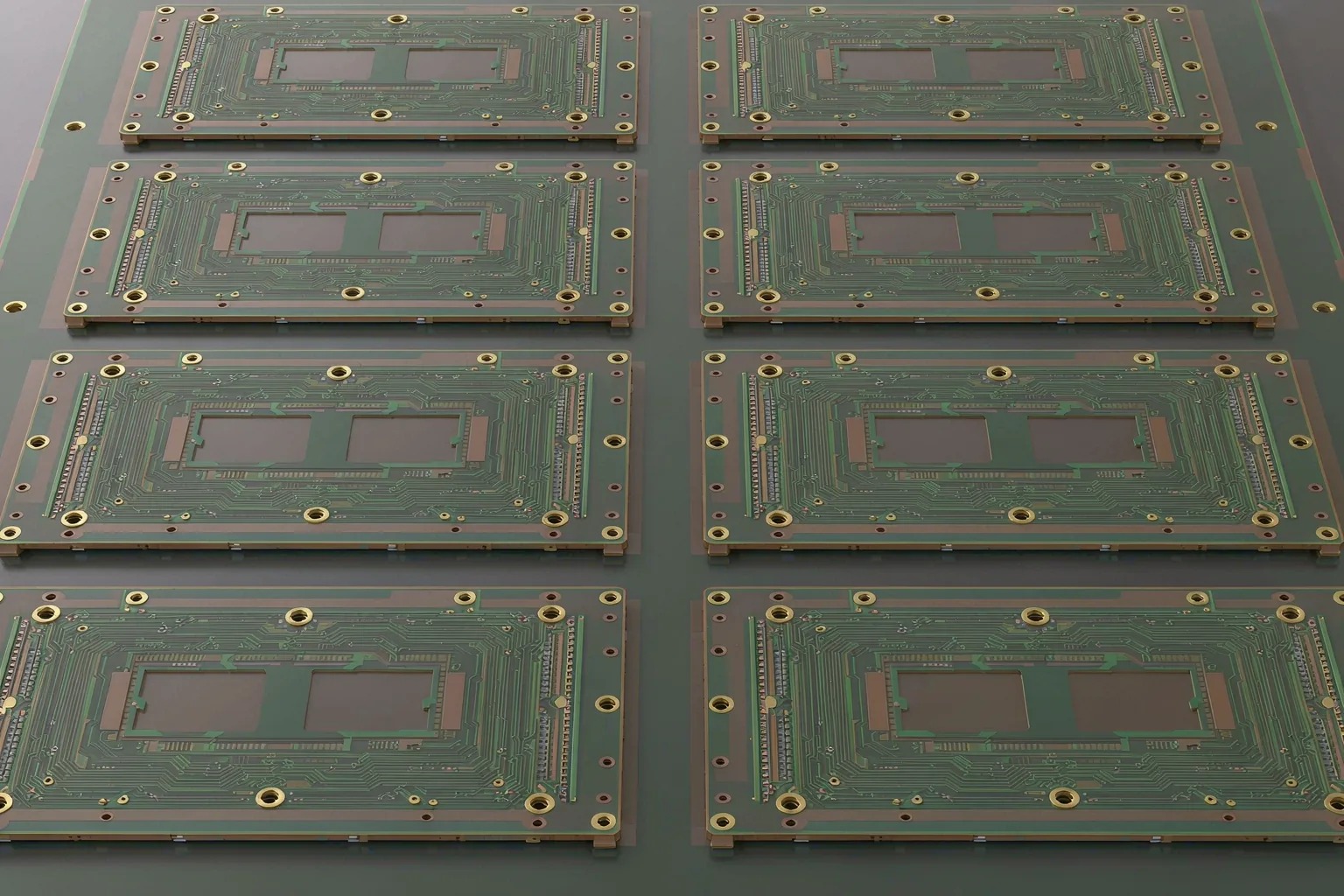 Multilayer PCB manufacturing panel with ENIG pads and dense traces before routing