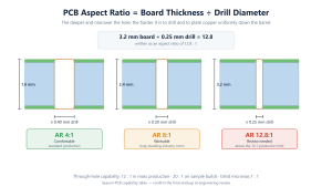 Diagram comparing PCB aspect ratio examples of 4 to 1, 8 to 1 and 12.8 to 1 on boards of different thickness