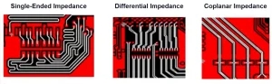 Three controlled impedance structures on PCB artwork: single-ended, differential pair and coplanar waveguide