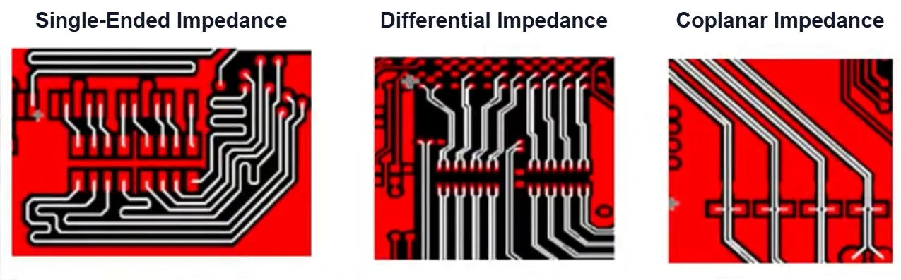 Three controlled impedance structures on PCB artwork: single-ended, differential pair and coplanar waveguide