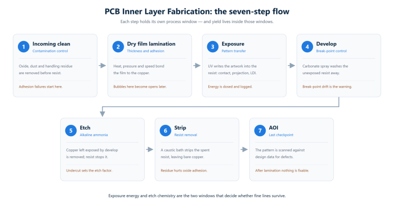 The seven steps of PCB inner layer fabrication: incoming clean, dry film lamination, exposure, develop, etch, strip and AOI