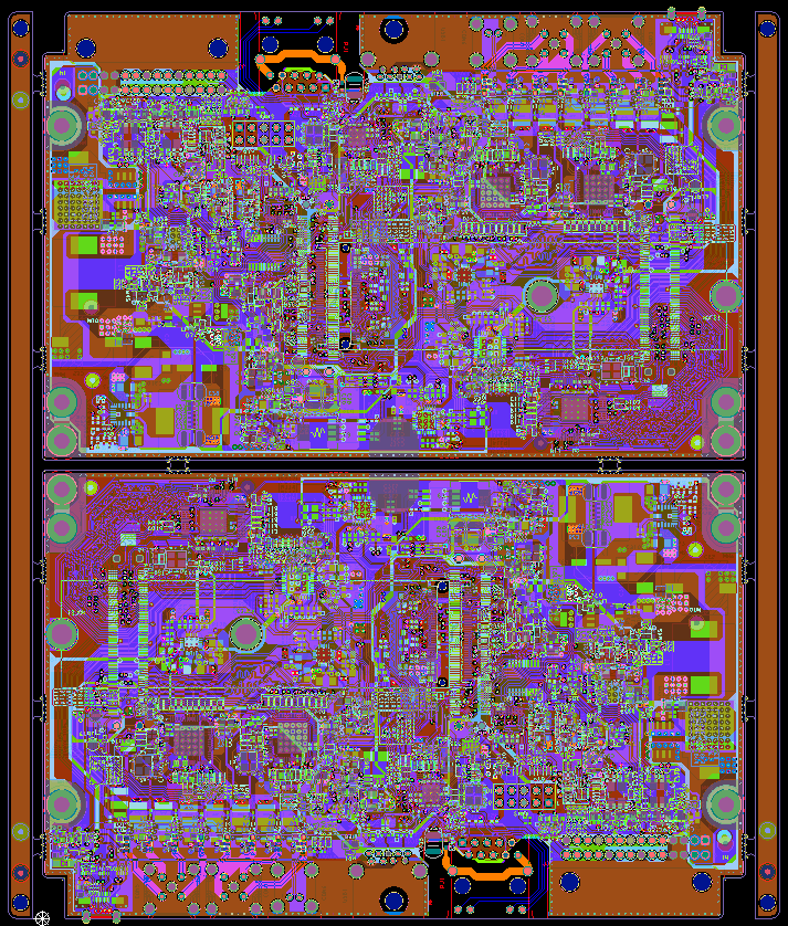 CAM rendering of a two-up PCB set with edge rails prepared for panel cutting