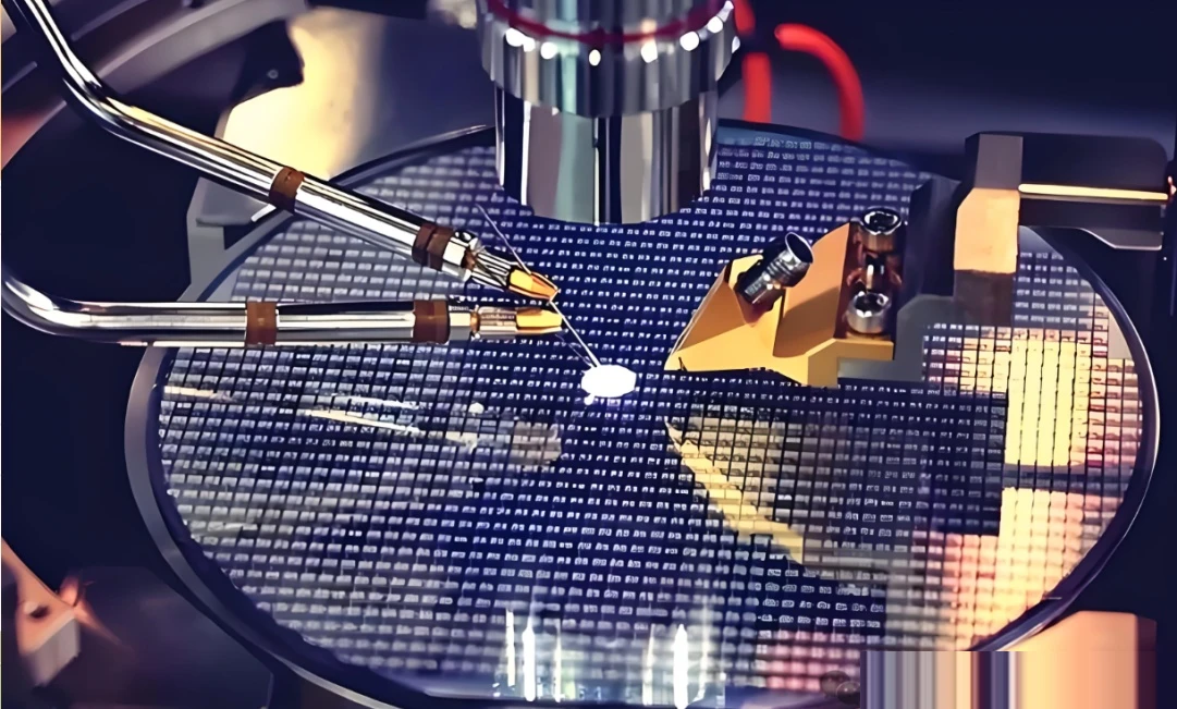 Wafer under a probe station in a lithography class process, the semiconductor sibling of PCB imaging
