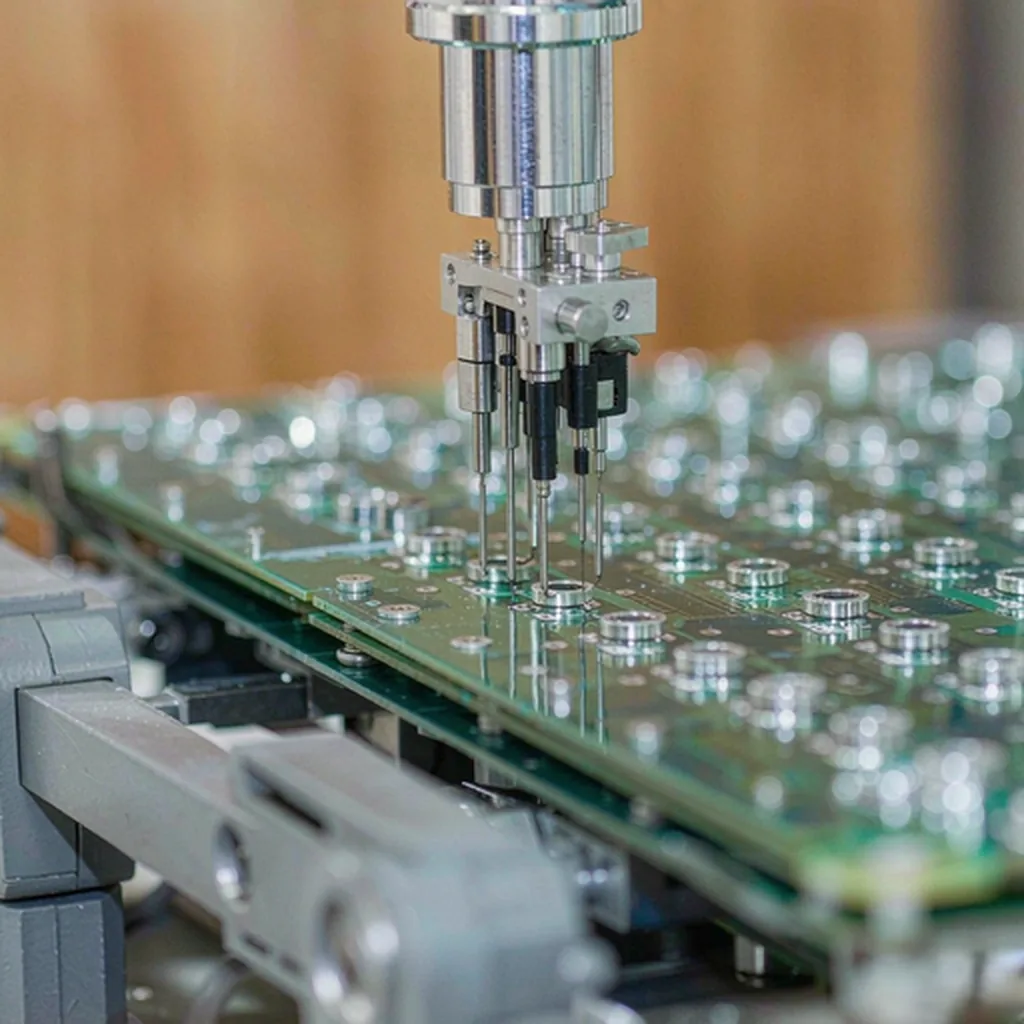 Flying probe test machine probing nets on a green PCB prototype