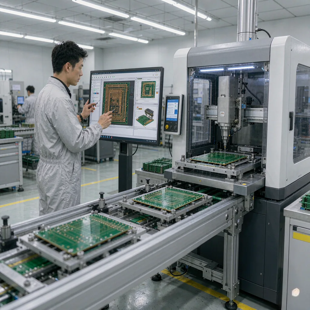 Engineer reviewing PCB prototype requirements on a monitor beside a drilling machine in a clean workshop