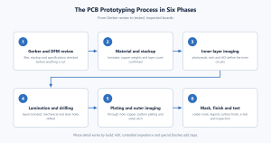 Six-phase flow diagram of the PCB prototyping process from Gerber review to test