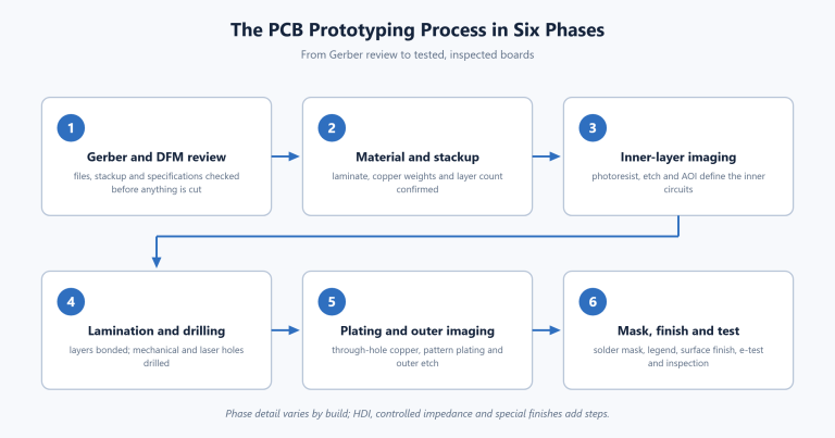 Six-phase flow diagram of the PCB prototyping process from Gerber review to test