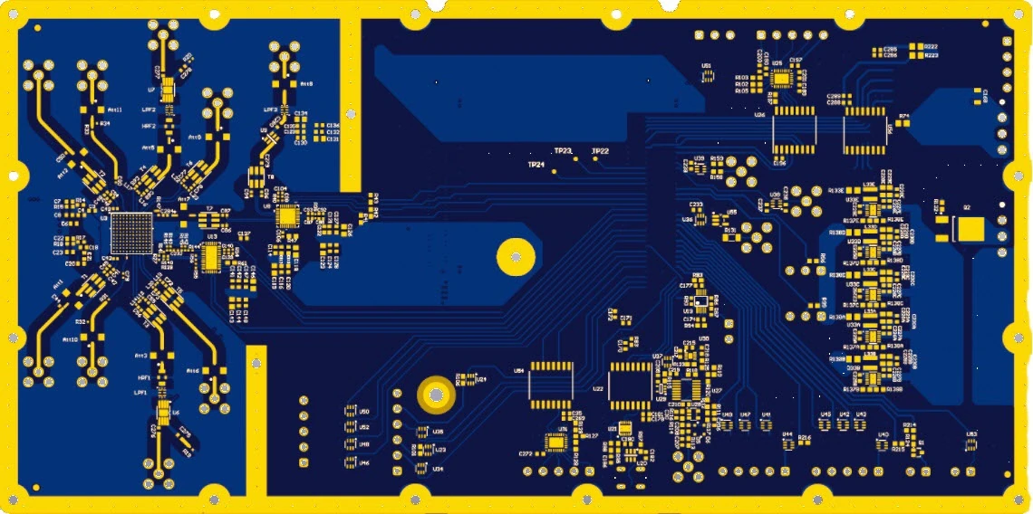 Rendered layout of a multilayer PCB used for qualification coupon and test review