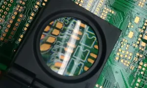 Engineer inspecting a finished PCB under magnification before reliability checks