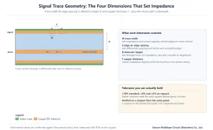 Signal trace cross-section showing trace width, edge spacing, dielectric height, copper thickness and the return current path over a reference plane