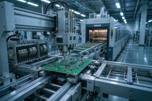 SMT placement line assembling a green multilayer circuit board in a PCBA factory