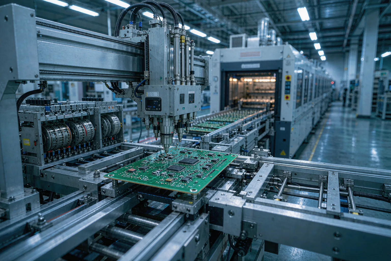 PCBA assembly supplier SMT placement line assembling a green multilayer circuit board