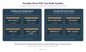 Diagram comparing a rotating-drive bridge board and a portable SSD carrier board with key components
